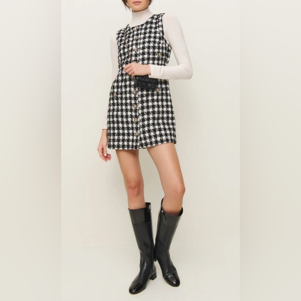 NEW Reformation Tropez Tweed Black White Gingham Button-Front Mini Dress - Picture 3 of 10